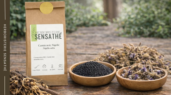 Graines de nigelle et plantes séchées de la famille des Ranunculacées sur table d’herboristerie - Herboristerie Sensathé